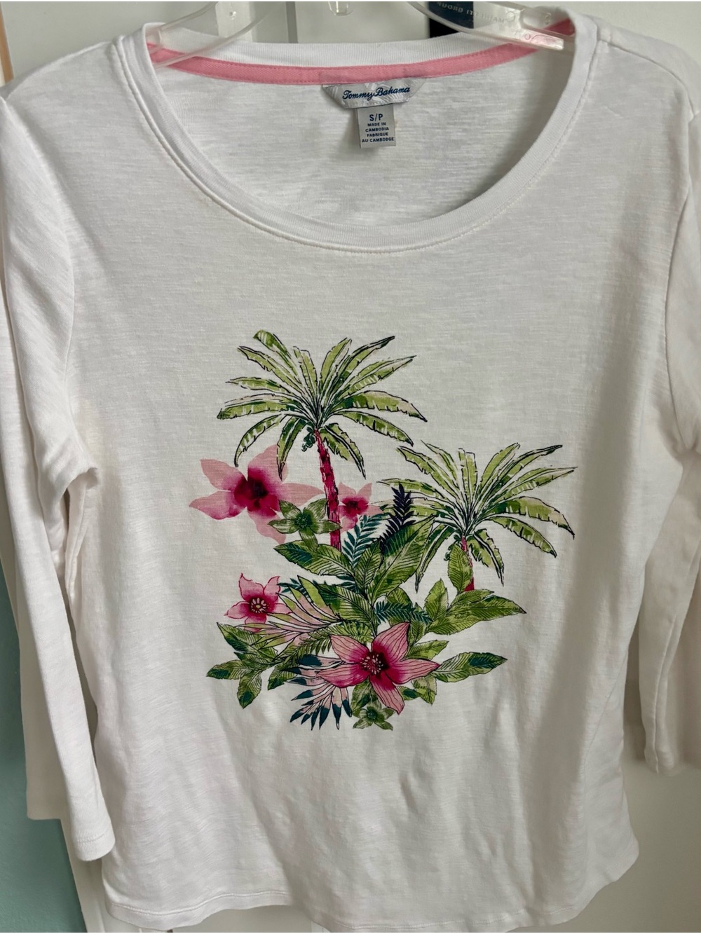 Tommy Bahama White Tee with Pink Neck Trim